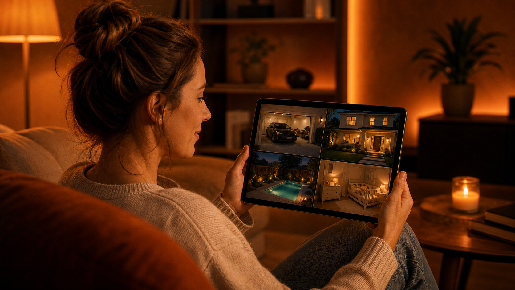 mulher acompanhando câmeras pelo tablet