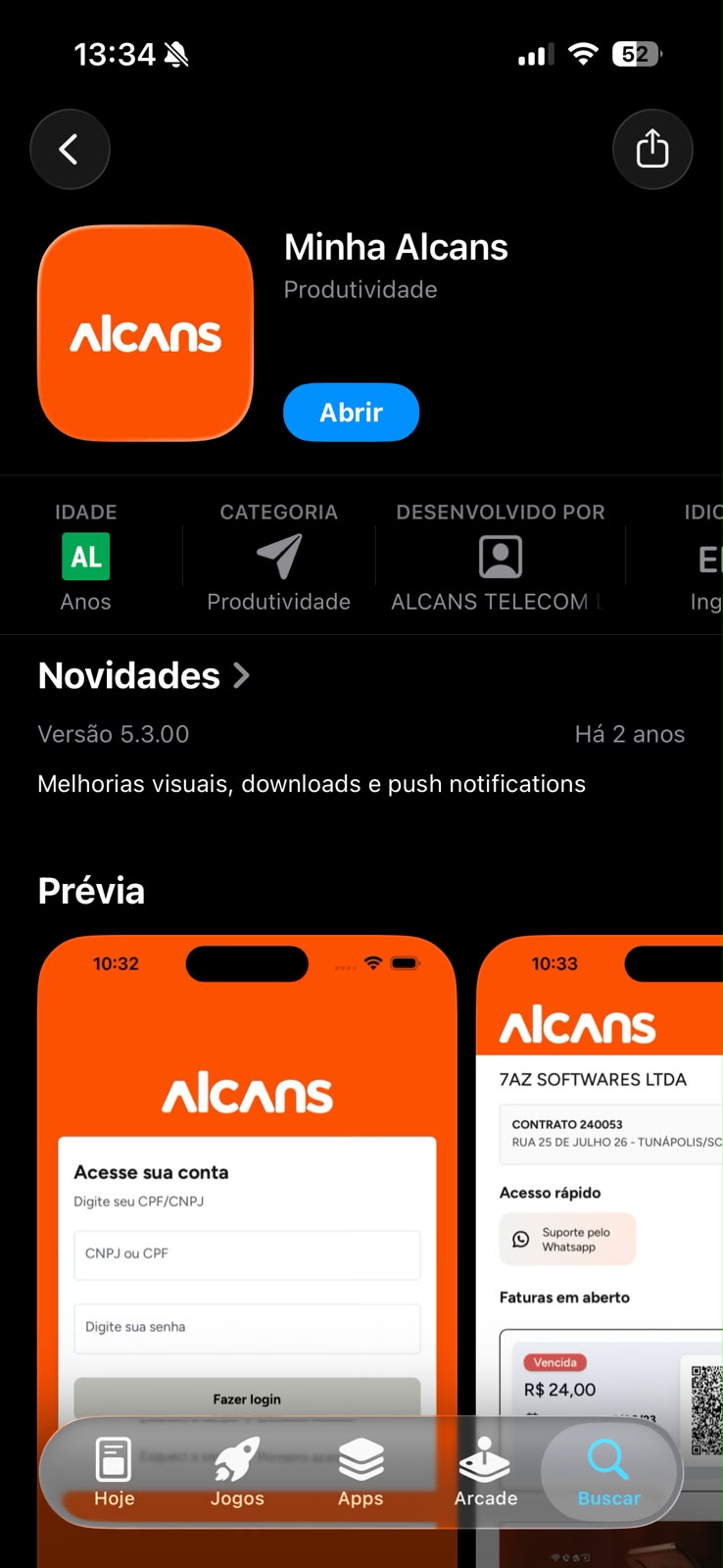 tela do aplicativo Minha Alcans